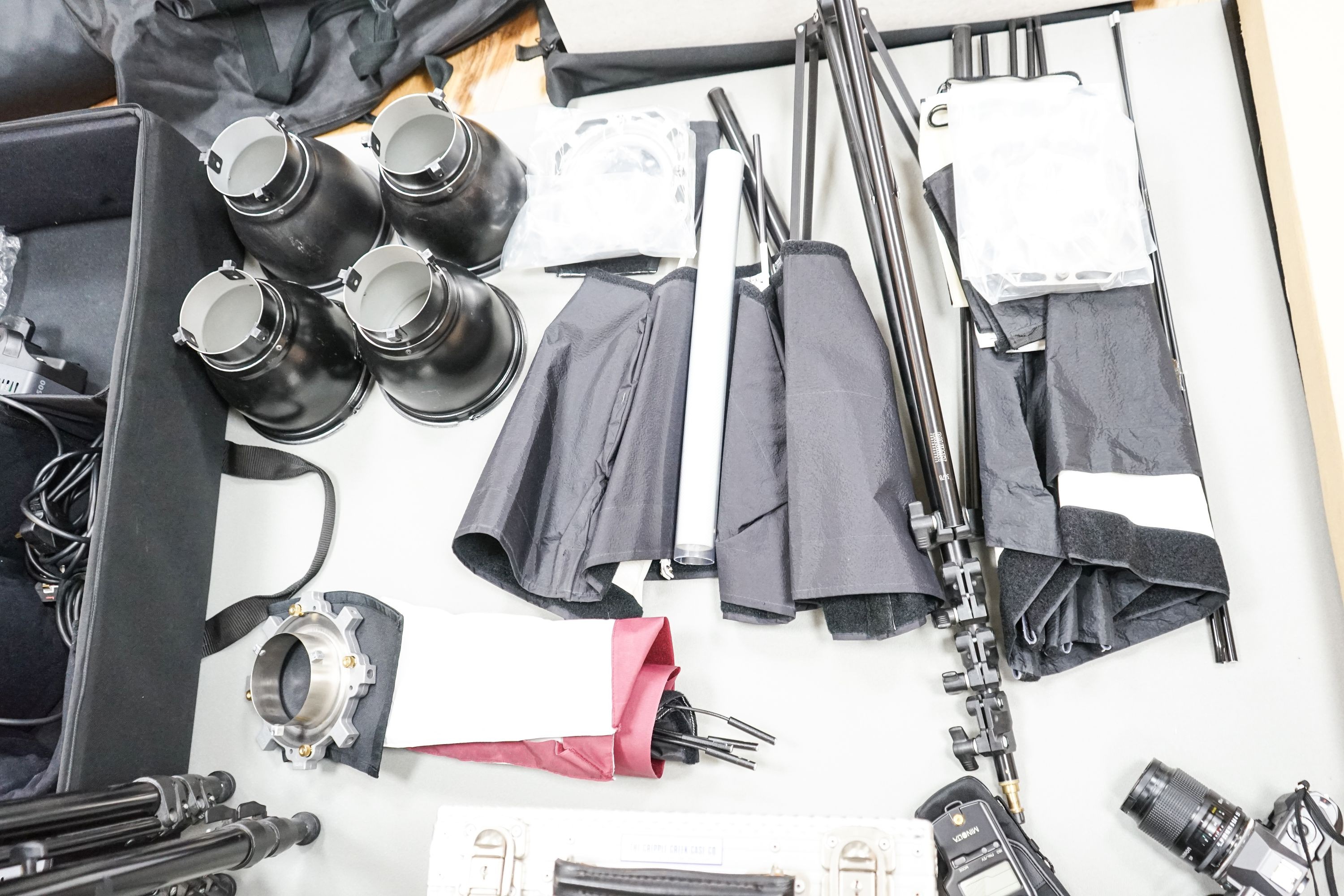 Professional photography equipment including a Pentax P30T SLR camera with Tamron 90mm f/2.5 lens, a pair of Bowens Esprit 1000 lights and a pair of Esprit 500 lights, a pair of Esprit 2 500 lights, various soft boxes, v